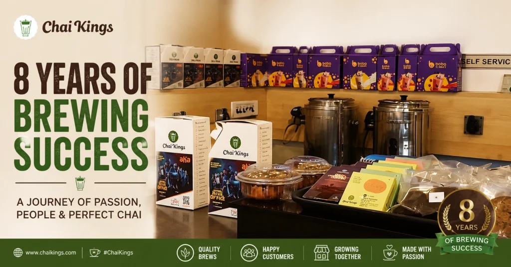 Chai Kings celebrates 8 years of brewing success with tea, coffee, snacks and Chai Kings products displayed at a store counter.