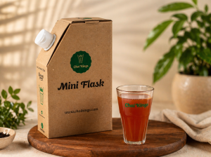 Chai Kings Mini Flask with a glass of black chai served on a wooden tray.