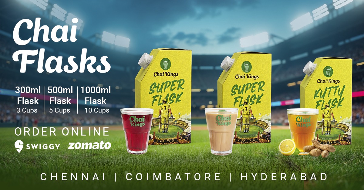 Chai Kings CSK-themed chai delivery flasks for IPL 2026 featuring 300ml, 500ml, and 1000ml packs, displayed in a cricket stadium backdrop with tea glasses, highlighting match-day chai delivery in Chennai, Coimbatore, and Hyderabad.
