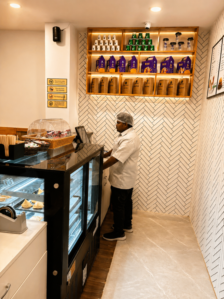 Inside Chai Kings Ameerpet outlet showing a clean counter, display fridge, and staff at work.