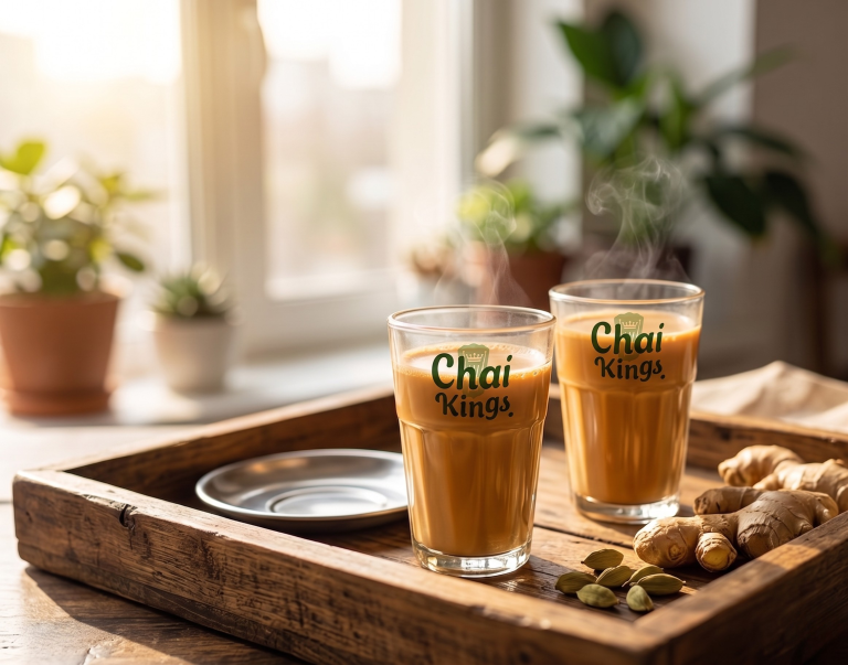 Chai Kings Cutting Chai Glasses filled with hot masala chai, steaming on a rustic wooden tray with fresh ginger and cardamom, placed near a sunlit window with green plants in the background