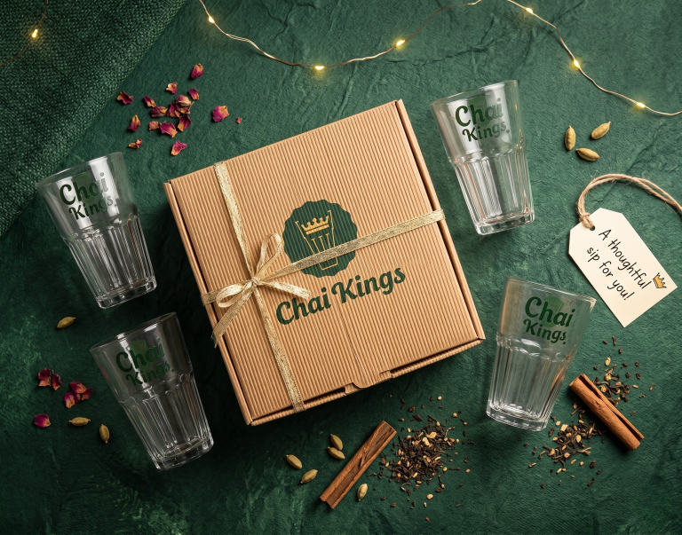 Chai Kings Cutting Chai Glass Gift Set along with a Chai Kings Gift box for everyone