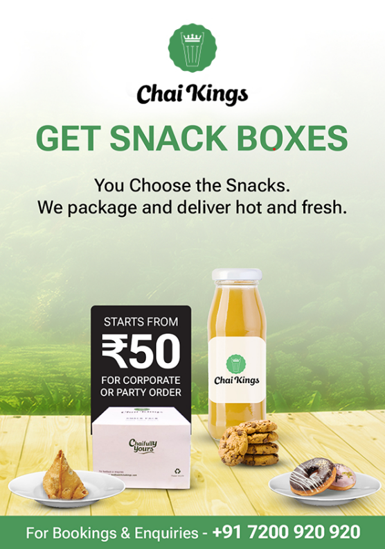 A poster for Chai Kings Snack boxes that are catered to corporate, parties or any events