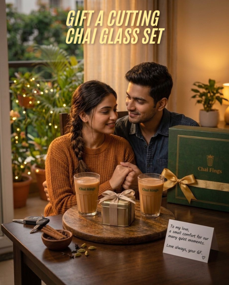 Couple sharing masala chai in Chai Kings cutting chai glasses at home, with a Chai Kings green gift box and a heartfelt note — a unique and thoughtful cutting chai glass set gift for him and her