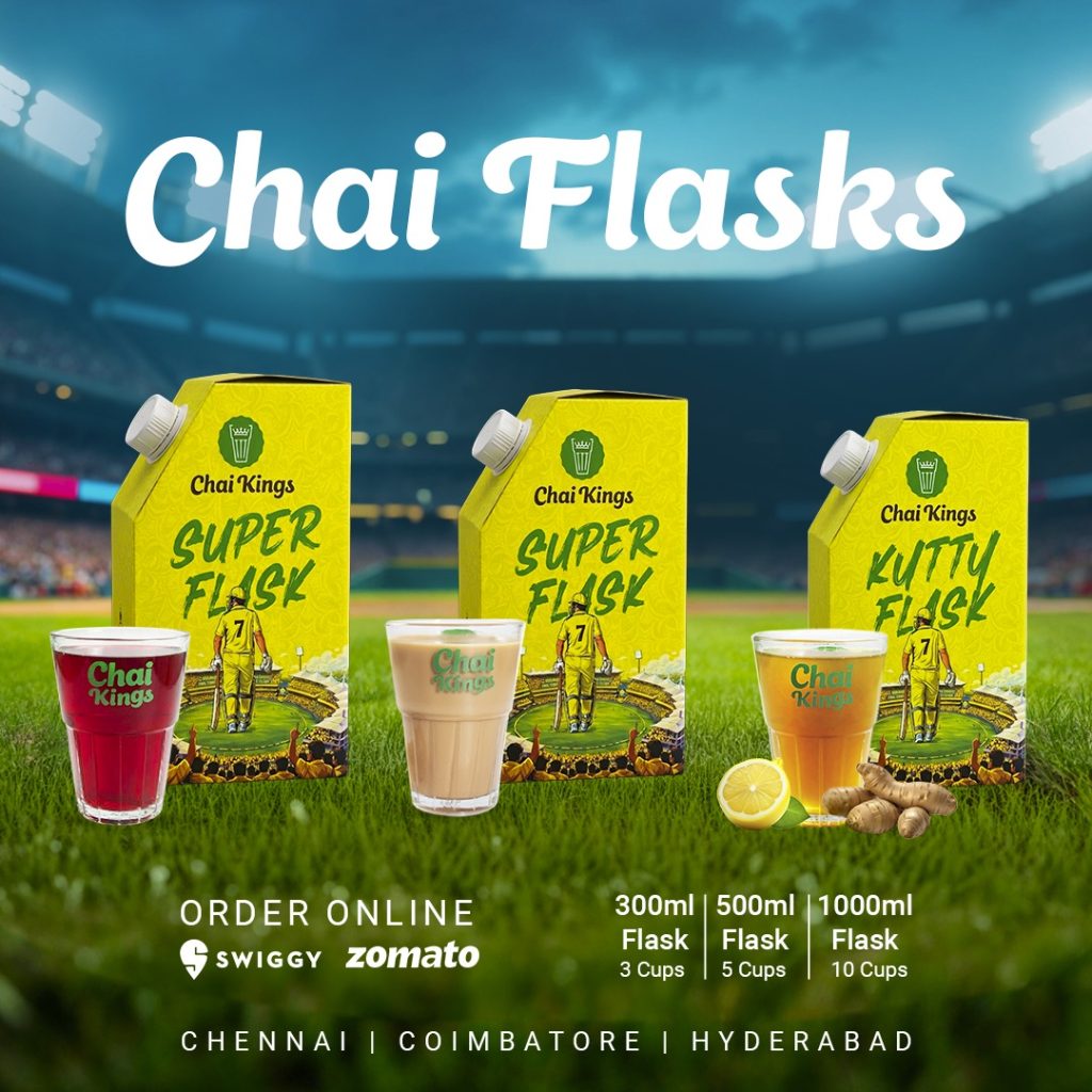 Chai Kings CSK-themed chai delivery flasks for IPL 2026 featuring 300ml, 500ml, and 1000ml packs, displayed in a cricket stadium backdrop with tea glasses, highlighting match-day chai delivery in Chennai, Coimbatore, and Hyderabad.