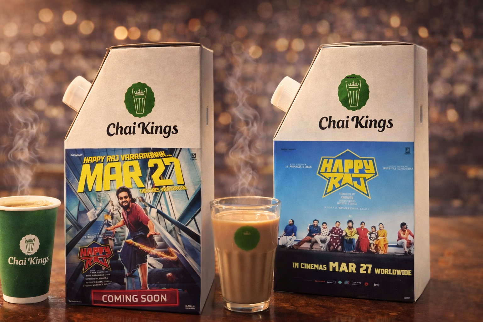 Two Chai Kings flasks with movie posters and chai cups in a warm, stylized setting, showcasing multiple film promotions through branded chai delivery packaging.