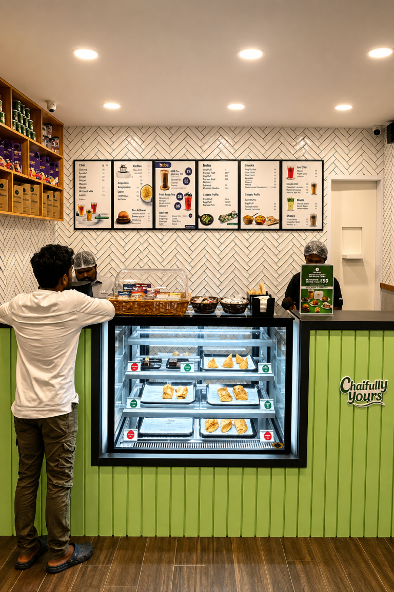Brightly lit Chai Kings café interior featuring a modern green service counter, pastry display, menu boards, and a customer ordering at the counter.