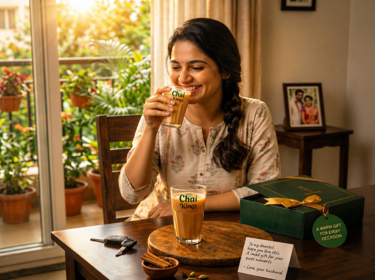 Woman smiling and sipping masala chai from a Chai Kings cutting glass at home, with a Chai Kings green gift box and a heartfelt note on the table — a warm and unique gift idea for her