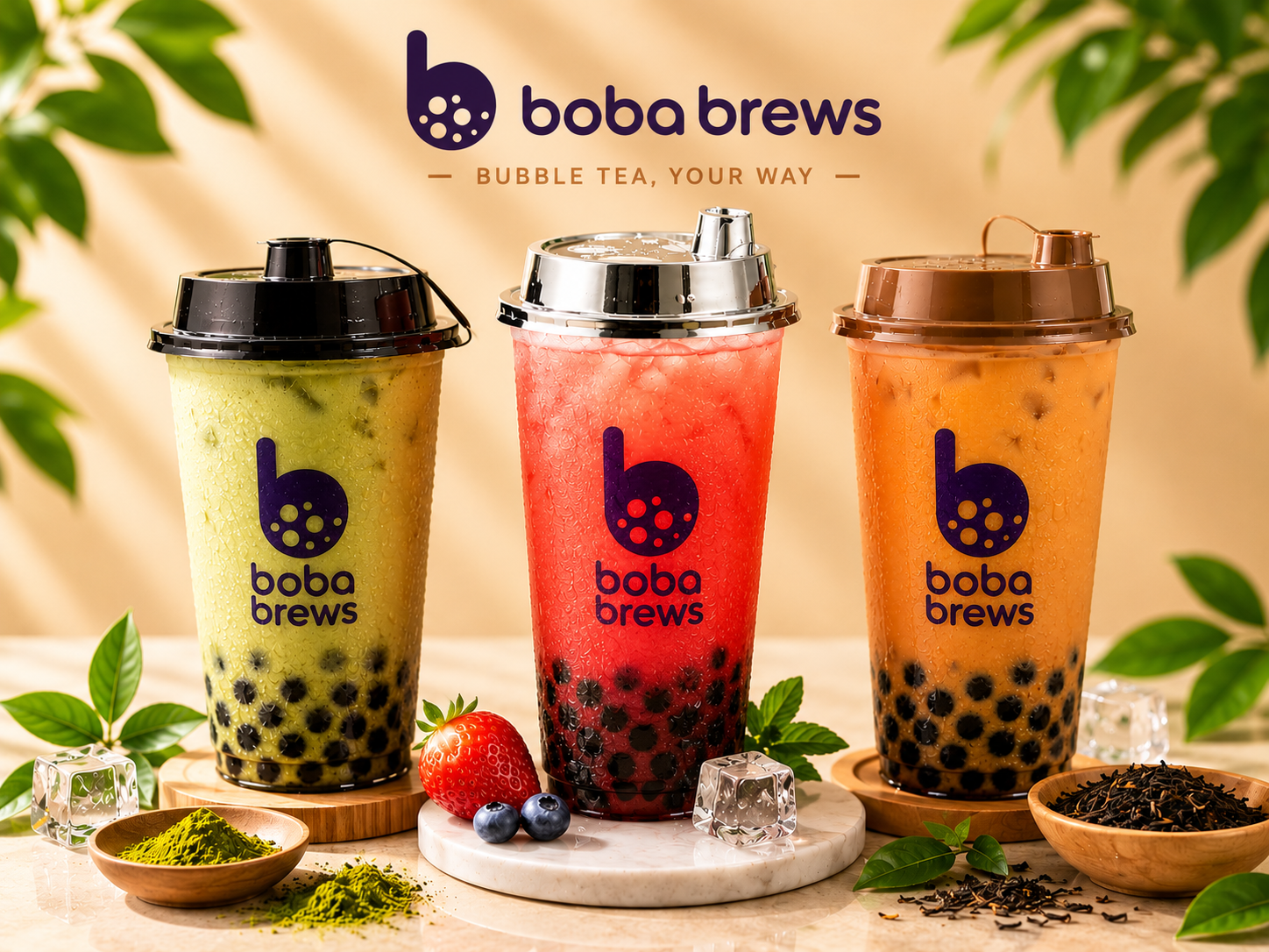 Boba Brews by Chai Kings bubble tea drinks featuring matcha milk tea, strawberry fruit boba tea and iced milk tea with tapioca pearls in branded takeaway cups