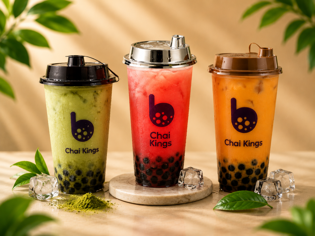 Chai Kings Bubble Tea collection featuring vibrant fruity and creamy flavors served in signature branded cups with tapioca pearls, refreshing ice, and a modern café-style presentation. A visually rich bubble tea experience crafted for every mood.