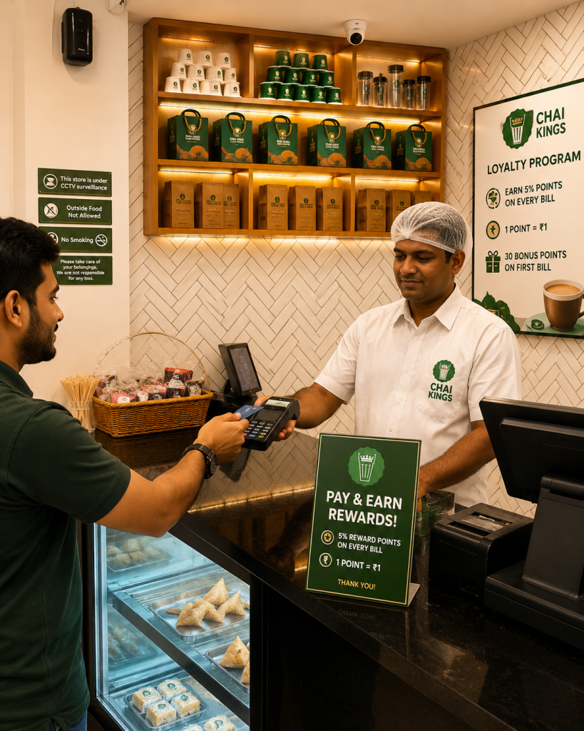 Customer redeeming Chai Kings loyalty reward points at the billing counter using secure OTP verification while making a payment at the cafe.