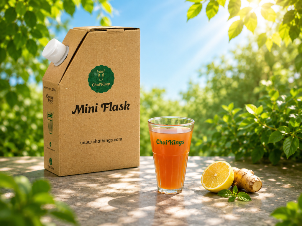 Refreshing Ginger Lemon Chai served in the iconic Chai Kings Mini Flask, captured in a vibrant natural setting with fresh lemon and ginger. A warm, soothing tea experience blended with freshness, sustainability, and premium presentation.