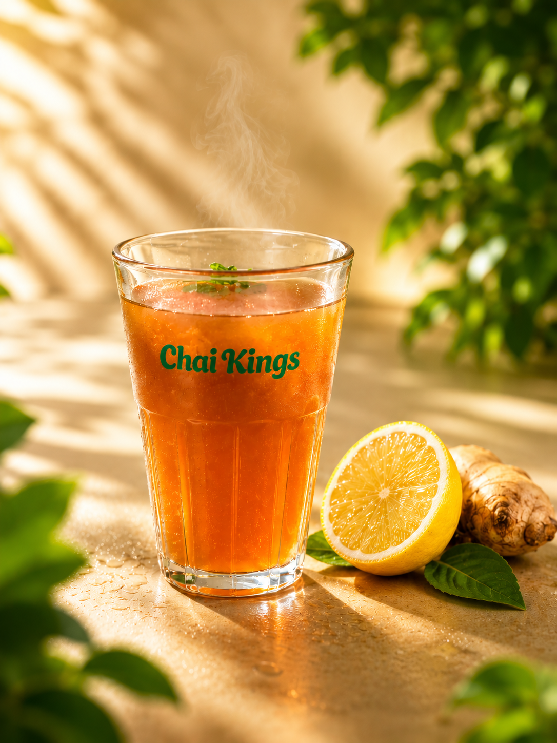 Freshly brewed Ginger Lemon Chai served in the signature Chai Kings glass, styled with natural lemon and ginger in a warm sunlit setting. A soothing blend of spice and citrus captured with a premium café-inspired aesthetic that reflects comfort, freshness, and authentic chai culture.