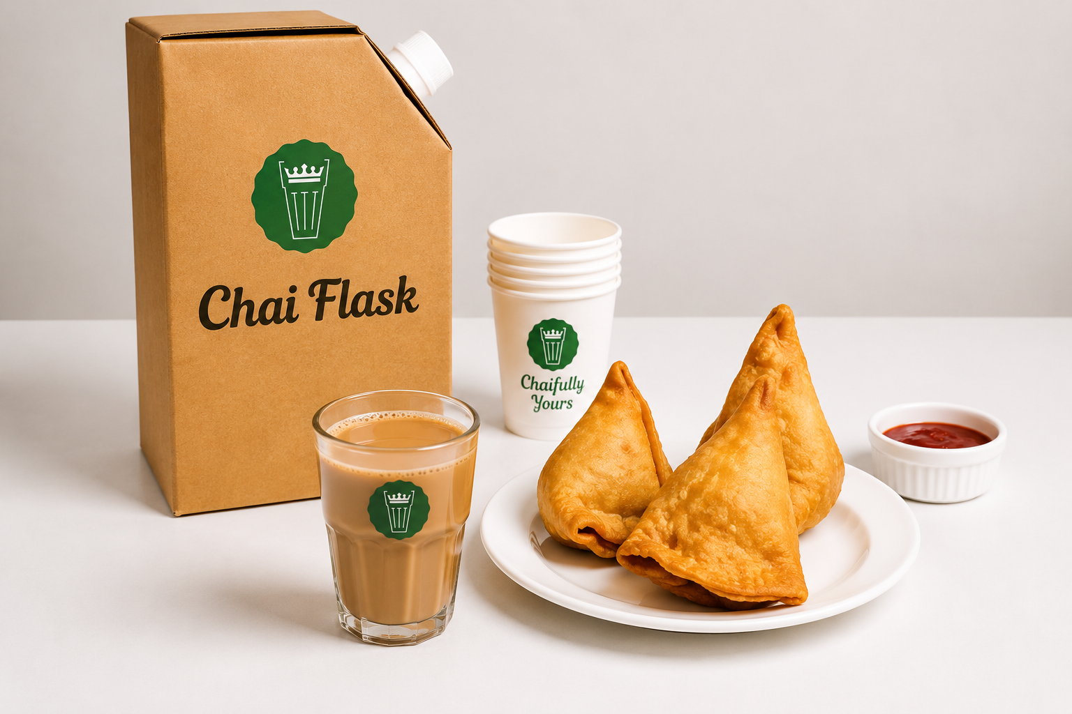 Chai Kings Kutty samosas served with chai flask and tea in a glass on a clean white background
