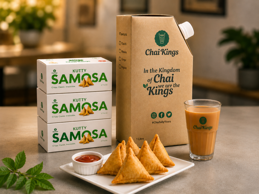 Chai Kings Kutty Samosa boxes along with Chai Kings Cutting Chai cup and a Chai Kings Chai Flask
