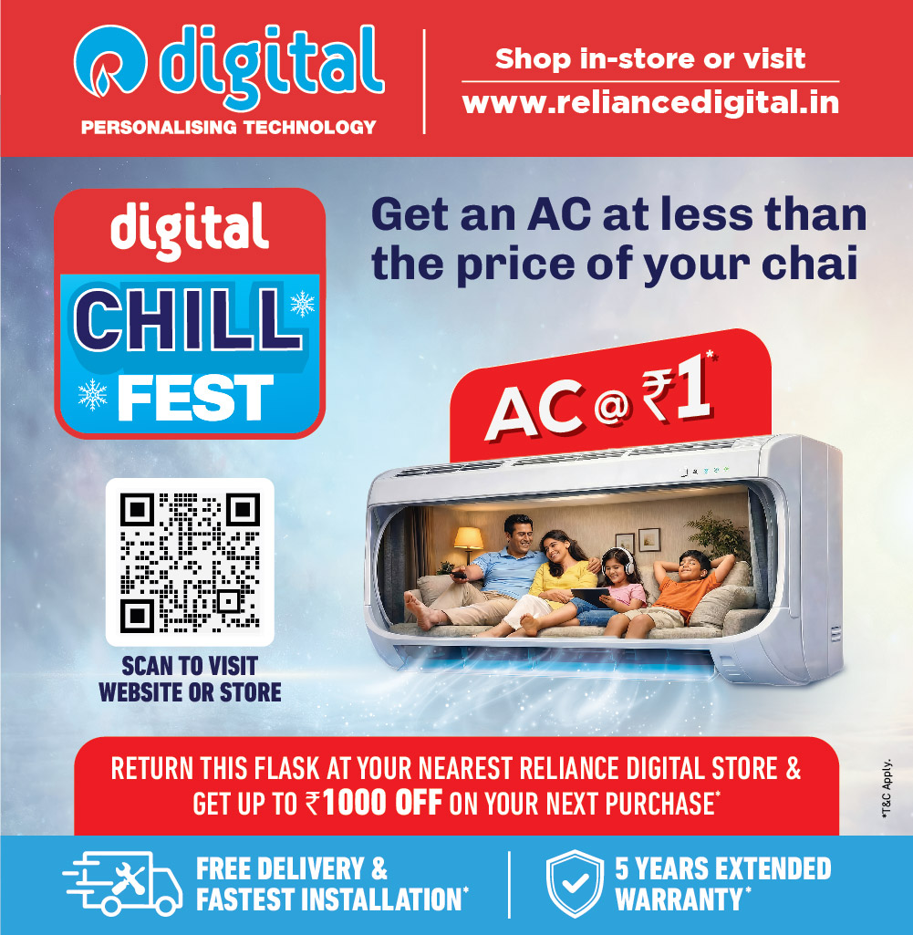 Reliance Digital Chill Fest promotional graphic featuring Chai Kings partnership, AC at ₹1 offer, QR code, and extended warranty benefits.
