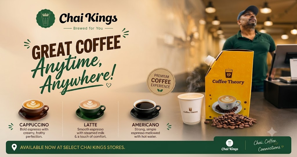 A landscape promotional banner for "Coffee Theory" by Chai Kings, sized 1200 by 630 pixels. The banner features a warm beige and green color scheme. On the left, bold text reads "GREAT COFFEE Anytime, Anywhere!" alongside the Chai Kings logo. Below the text, three coffee varieties—Cappuccino, Latte, and Americano—are displayed in cups with brief descriptions. On the right, a large yellow "Coffee Theory" beverage flask sits on a counter next to a steaming paper cup and a pile of coffee beans, with a cafe counter and a staff member in a green polo shirt blurred in the background. A green footer at the bottom reads "AVAILABLE NOW AT SELECT CHAI KINGS STORES" and features the tagline "Chai. Coffee. Connections."