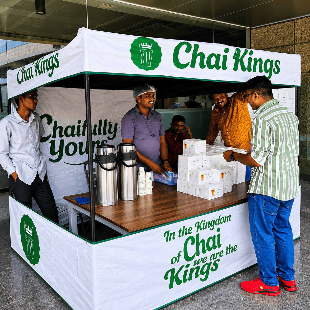Chai Kings corporate event catering stall serving freshly brewed tea and snack boxes at a business event in Chennai.