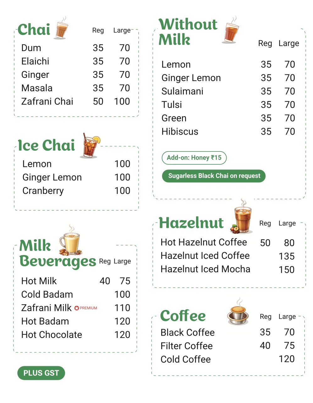 Chai Kings Menu – Chai, Ice Chai, Milk Beverages, Hazelnut Coffee, Coffee