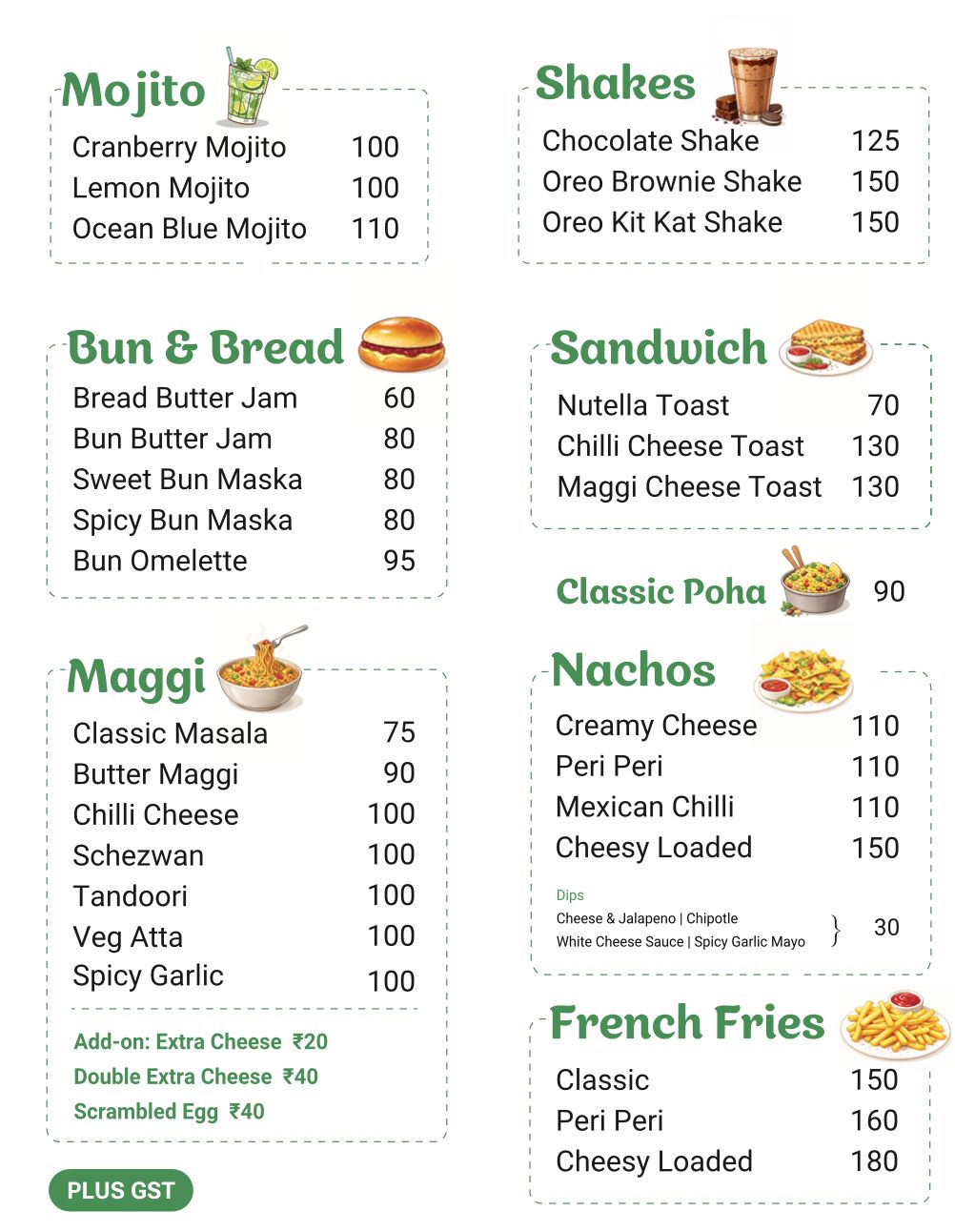 Chai Kings Menu – Mojito, Shakes, Bun & Bread, Sandwich, Maggi, Nachos, French Fries