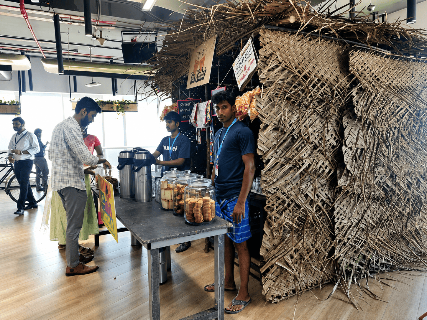 Traditional chai stall setup by Chai Kings at a corporate event in Chennai, serving freshly brewed tea, coffee, and snacks to employees.