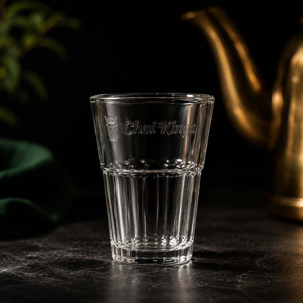 Transparent Chai Kings branded cutting chai glass displayed on a dark stone platter with a premium black background and brass kettle, promoting a gift set.