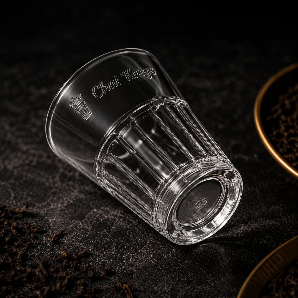 Single transparent Chai Kings branded cutting chai glass placed on a dark textured surface, showcasing the classic fluted design for serving authentic Indian tea.