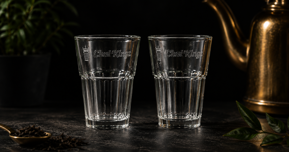 Set of two transparent Chai Kings branded cutting chai glasses displayed on a dark stone platter with a premium black background and brass kettle, promoting a gift set.