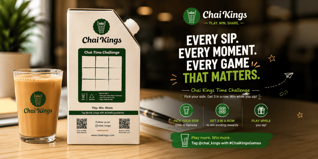 A Chai Kings takeaway flask featuring the Chai Time Challenge game beside a freshly brewed glass of chai. The promotional banner encourages customers to play, win, and share while enjoying their tea through an interactive game printed on the flask.