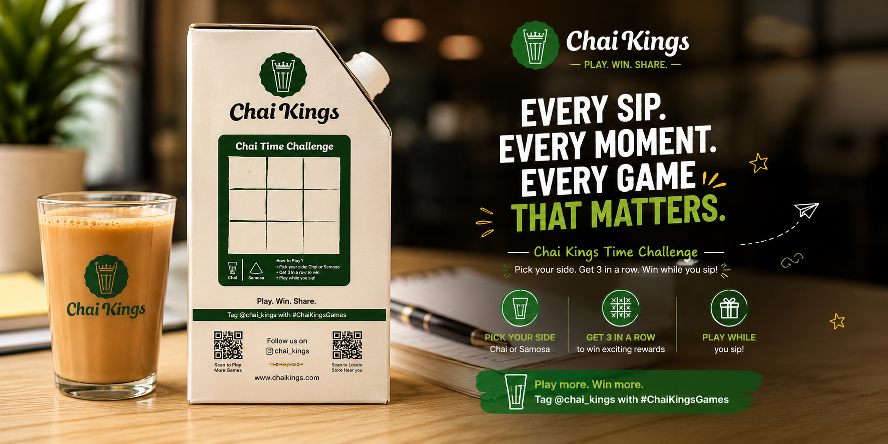A Chai Kings takeaway flask featuring the Chai Time Challenge game beside a freshly brewed glass of chai. The promotional banner encourages customers to play, win, and share while enjoying their tea through an interactive game printed on the flask.