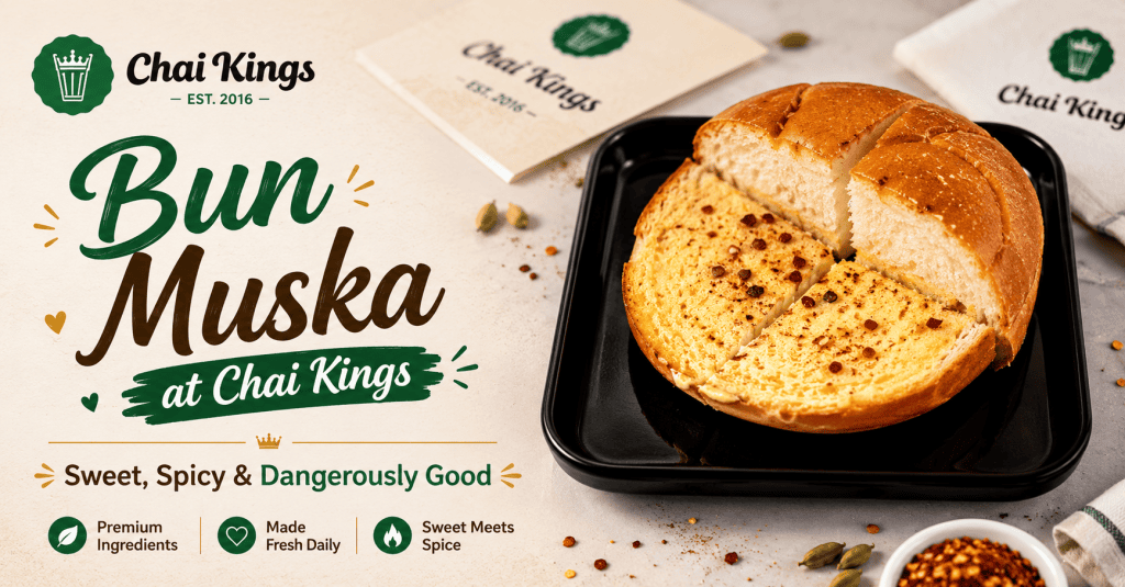 Bun Muska at Chai Kings with sweet and spicy butter filling served on a black plate, featured in a promotional blog cover.