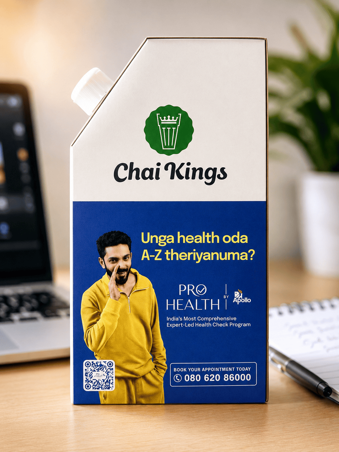 Apollo Hospitals advertisement printed on Chai Kings chai flasks in Chennai