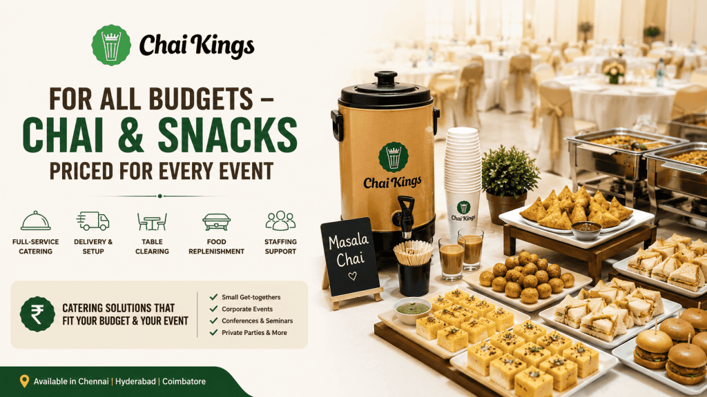 Chai Kings event catering setup with a live chai station, buffet of snacks and refreshments, and banquet hall seating for corporate and private events.