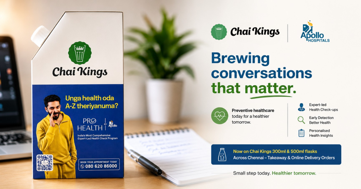 A promotional banner showcasing the Chai Kings and Apollo Hospitals partnership, featuring a Chai Kings takeaway flask branded with Apollo ProHealth and Anirudh Ravichander. The campaign highlights preventive healthcare awareness, now available on 300ml and 500ml takeaway flasks across Chennai for takeaway and online delivery orders.