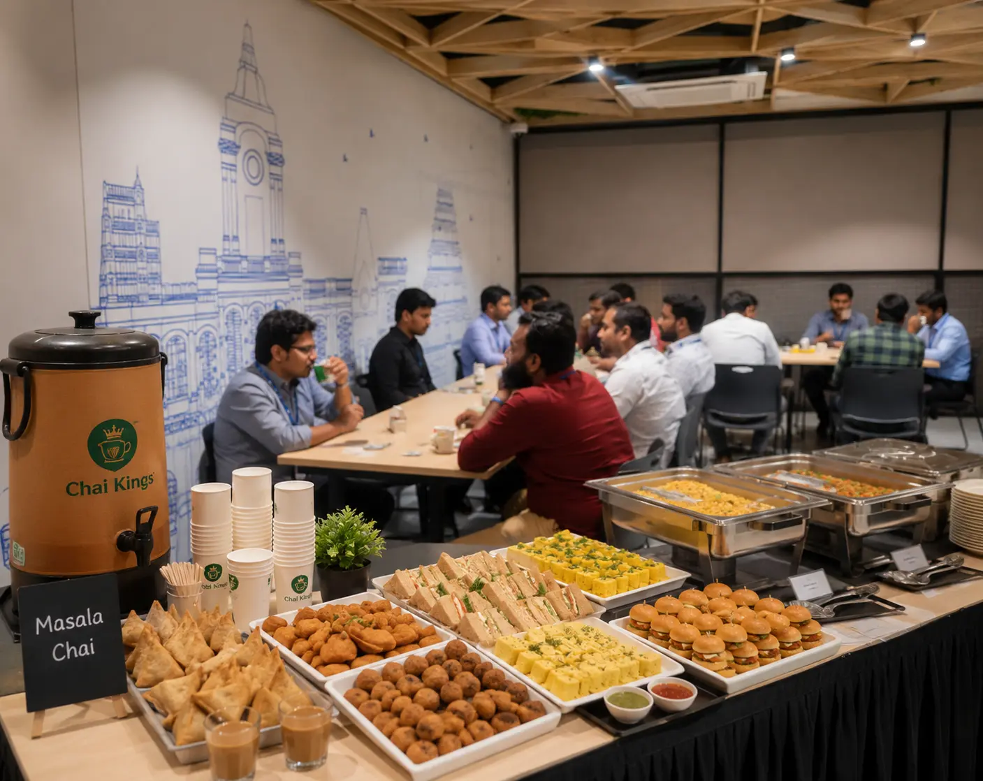 Chai Kings corporate catering setup featuring a branded chai station, buffet spread with snacks and refreshments, and employees enjoying a meeting at an office event.