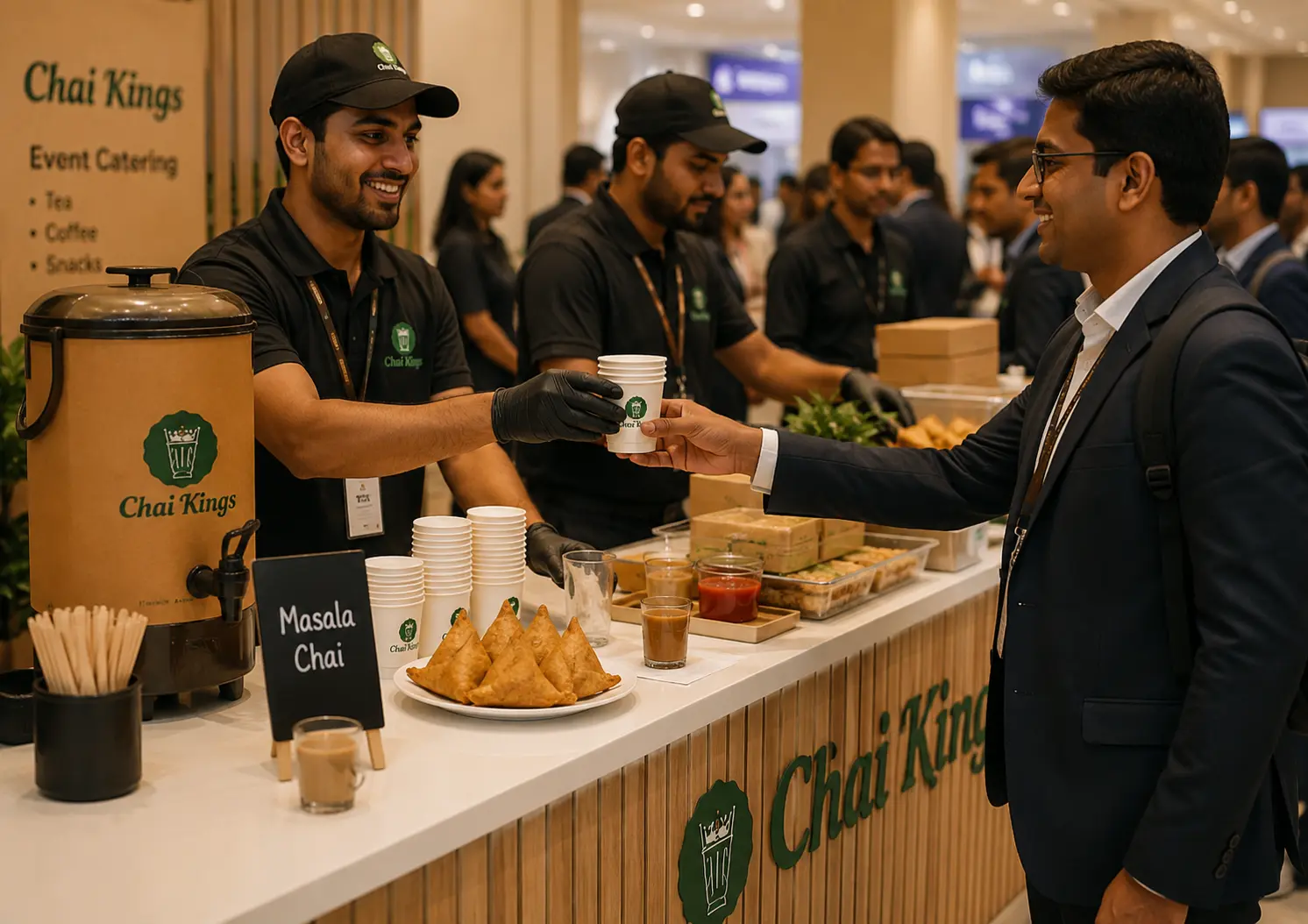 Chai Kings event catering counter serving freshly brewed chai and crispy samosas to guests at a corporate event with branded setup and professional staff.