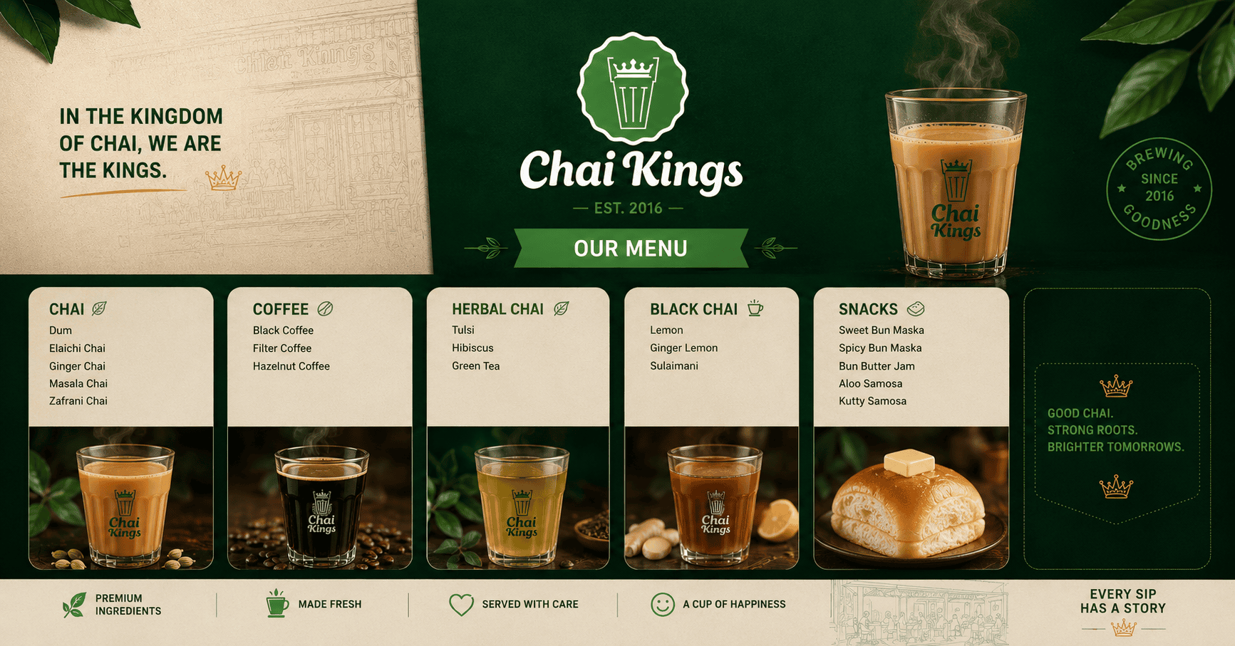 Chai Kings menu featuring signature chai varieties, herbal teas, black teas, coffee, and freshly prepared snacks
