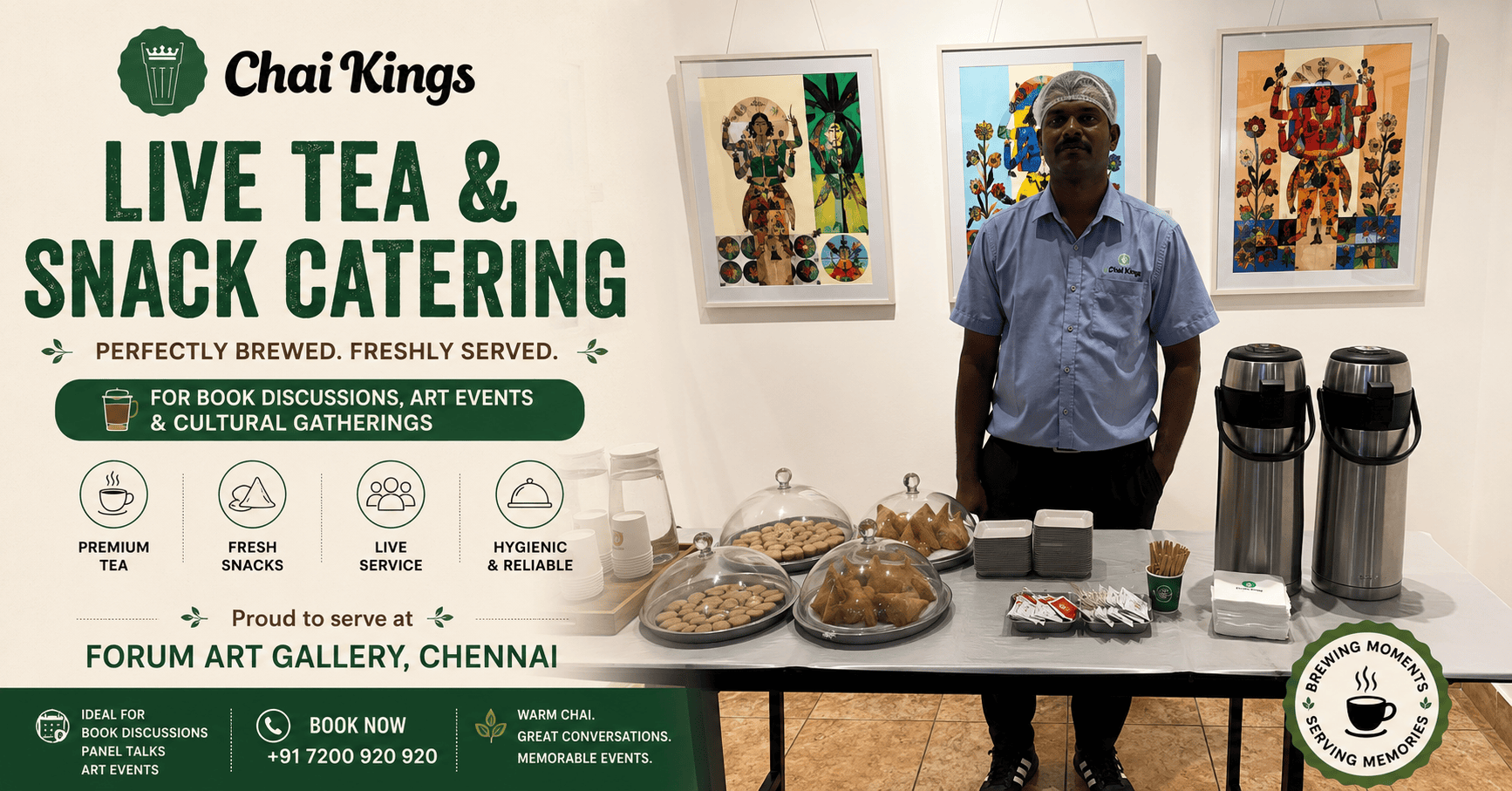 Chai Kings live tea and snack catering setup at a book discussion event held at Forum Art Gallery in Chennai, featuring freshly brewed tea and coffee, cookies, puffs, disposable cups, and professional service for guests.