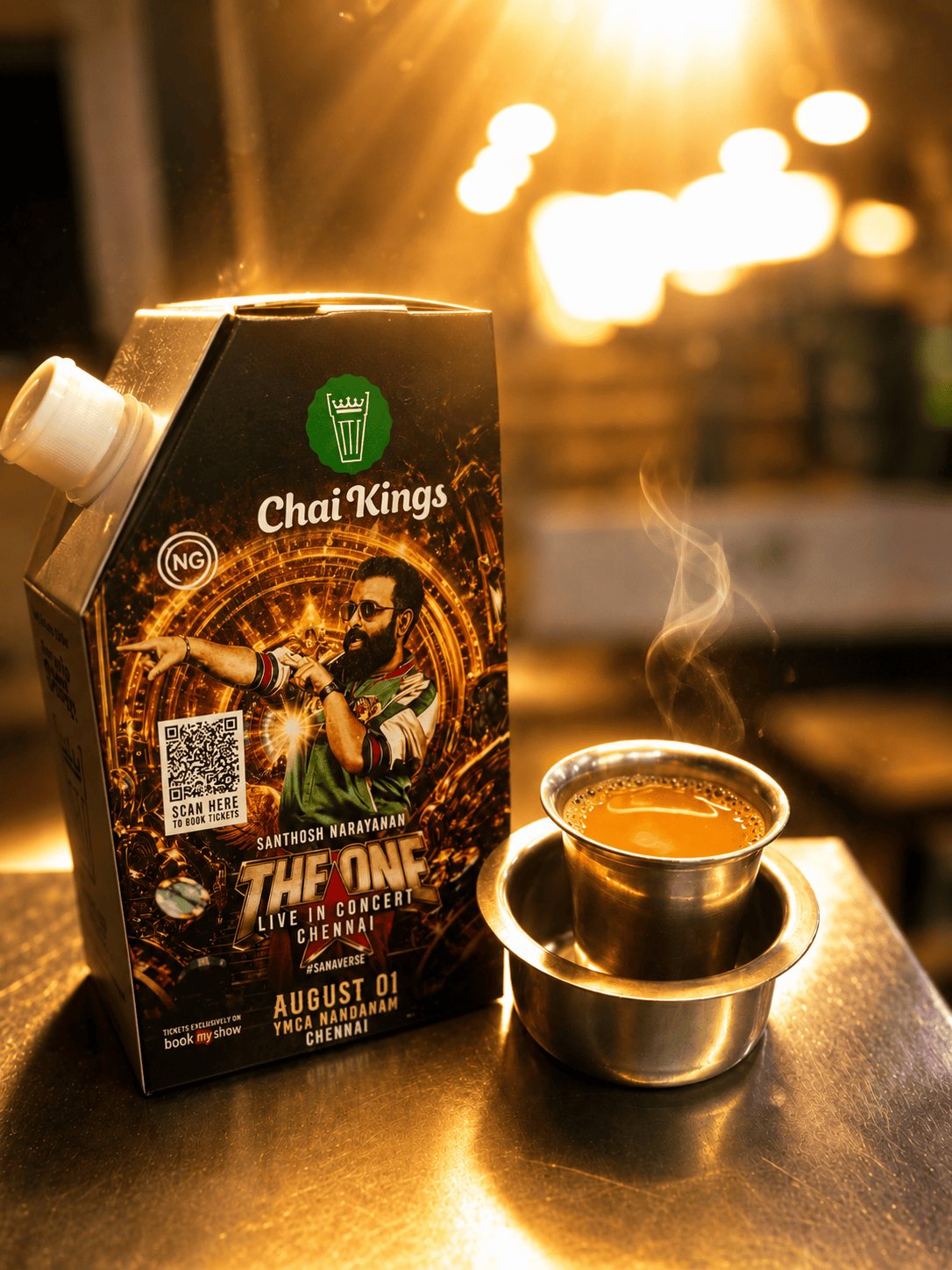 Chai Kings x Santhosh Narayanan THE ONE Live in Concert flask beside a hot filter chai