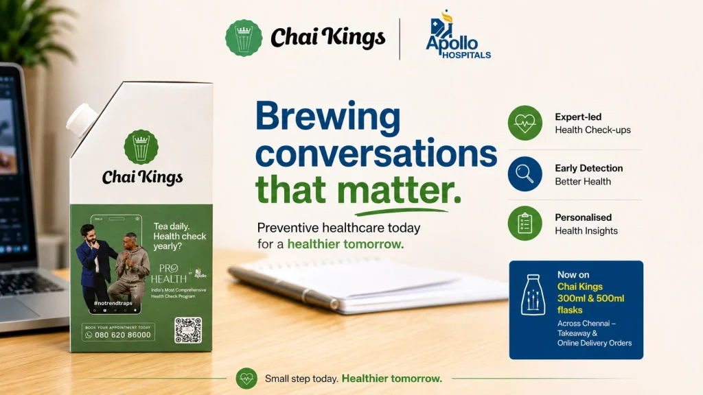 Chai Kings and Apollo Hospitals ProHealth preventive healthcare partnership featuring a Chai Kings tea carton