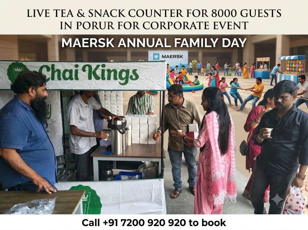 Close-up of Chai Kings live counter pouring fresh chai for guests
