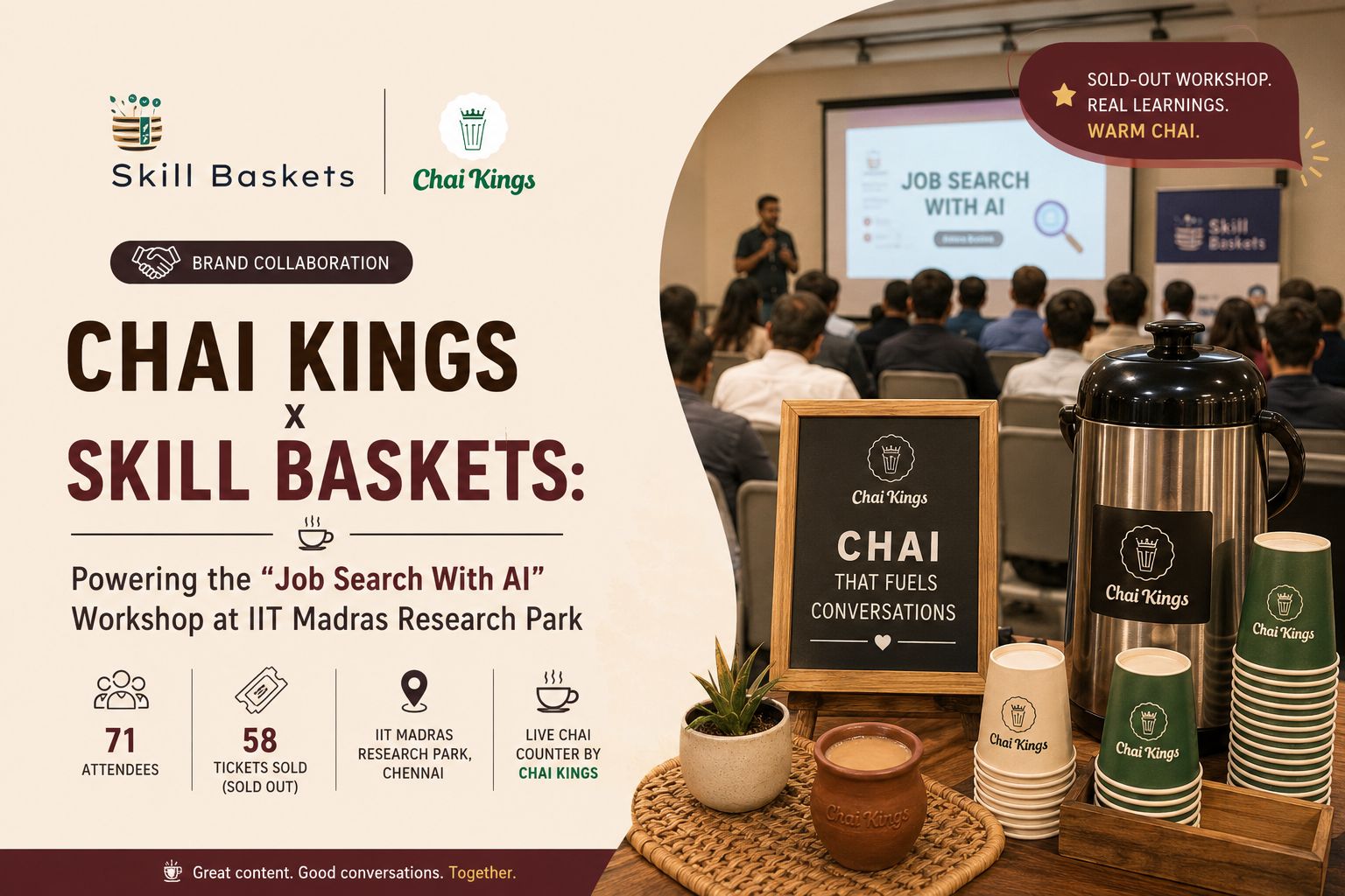 Chai Kings partnering with Skill Baskets at the sold-out Job Search With AI workshop at IIT Madras Research Park, Chennai, featuring live tea catering and corporate event refreshments.