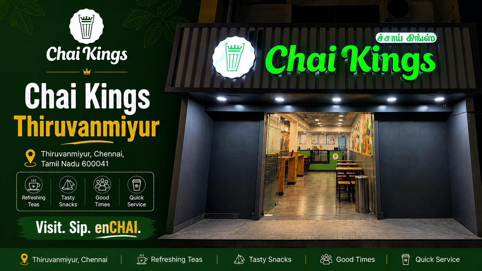 Chai Kings Thiruvanmiyur storefront and dine-in seating on Muttukadu Road