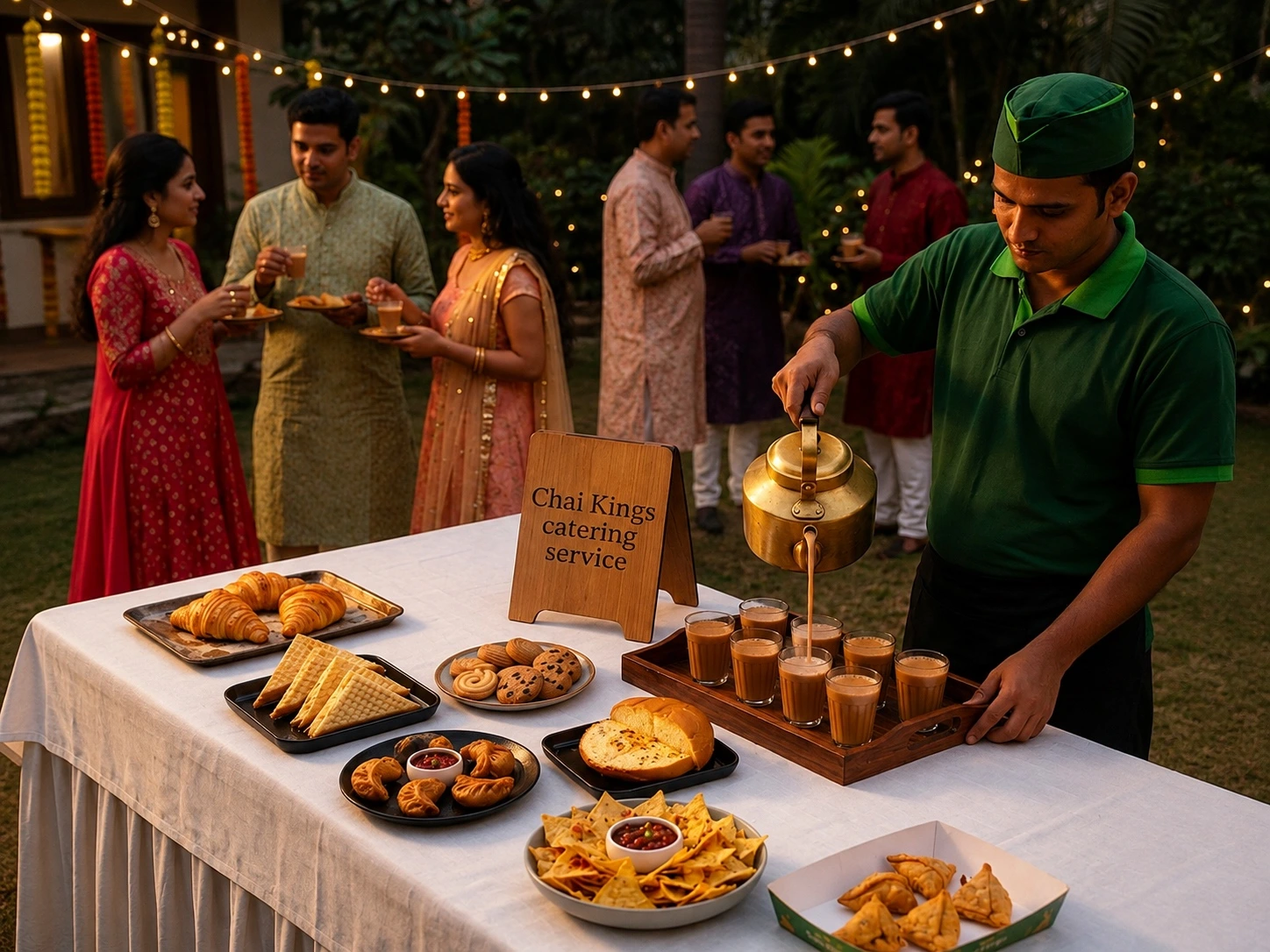 Chai Kings snacks spread including samosas, puffs, sandwiches, burgers, kebabs, and tikkas