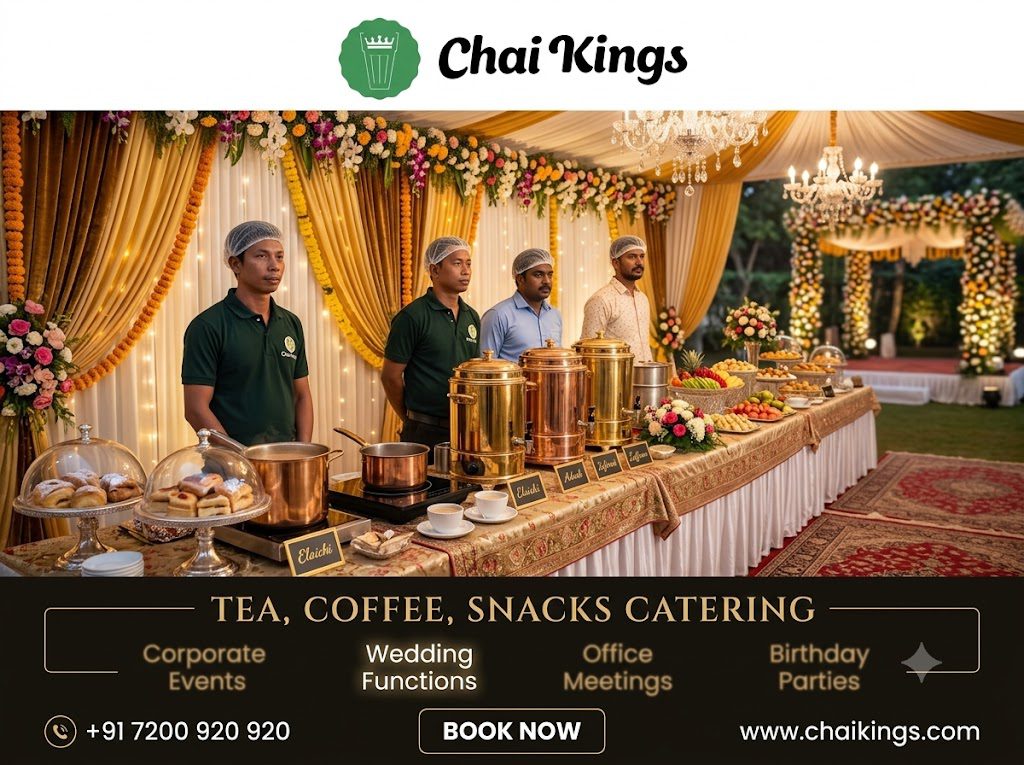 Wedding high-tea catering station with chai and snacks