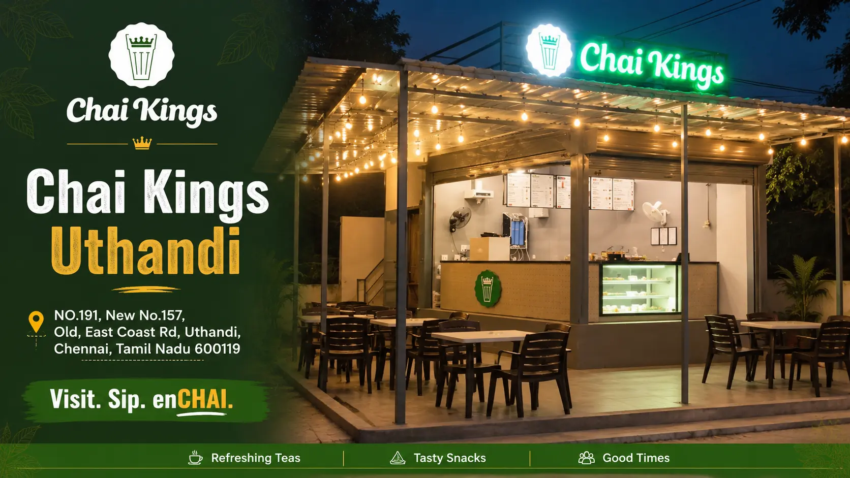 Chai Kings Uthandi storefront lit up at night on East Coast Road, Chennai
