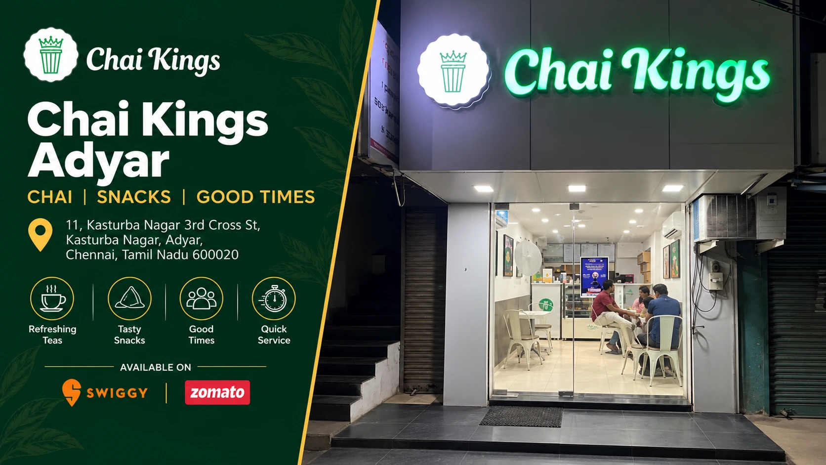 Chai Kings Adyar store front, Kasturba Nagar, Chennai