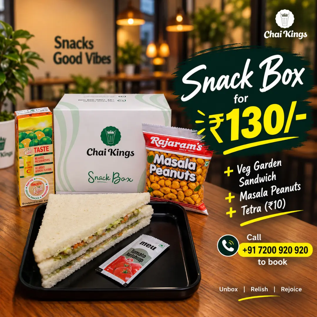 Chai Kings ₹130 Veg Garden Sandwich, Peanuts & Juice Box in Chennai