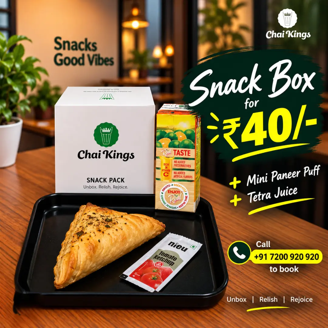 Chai Kings ₹40 Mini Paneer Puff & Juice Box in Chennai