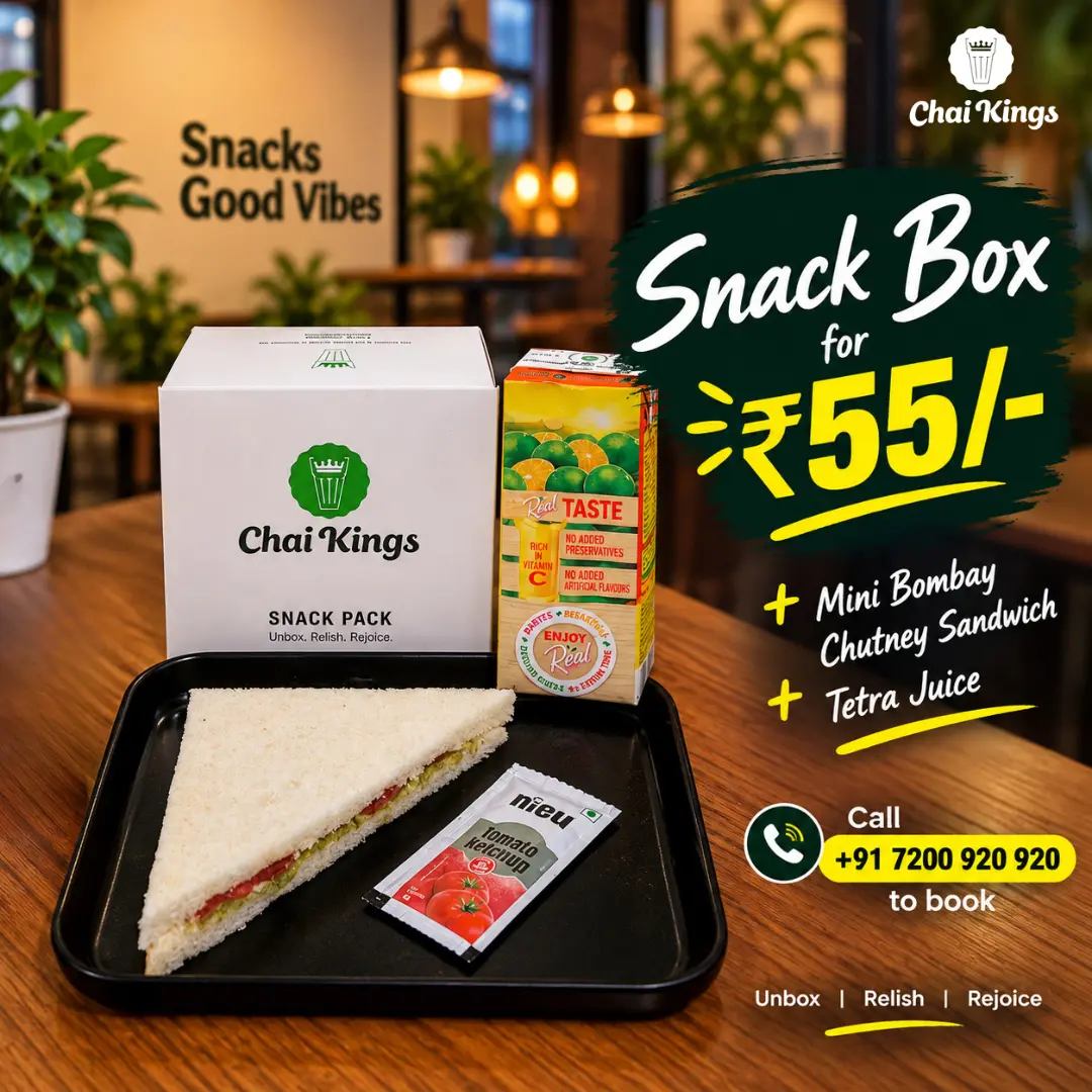 Chai Kings ₹55 Mini Bombay Chutney Sandwich & Juice Box in Chennai